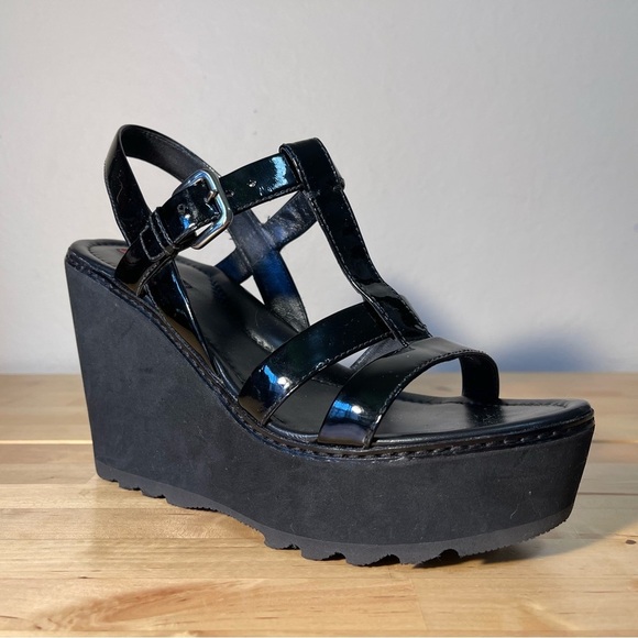 Prada Sport Black Patent Leather Wedge Platform Ankle Strap Sandals Size 39 - Picture 2 of 15